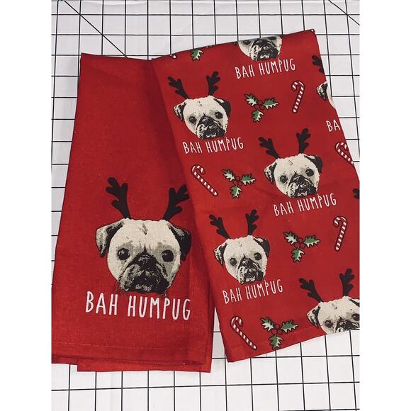 Pug Cooksmart Tea Towels Bah Humpug Cotton Unused No Tags or Pkg Red Christmas - Picture 9 of 9